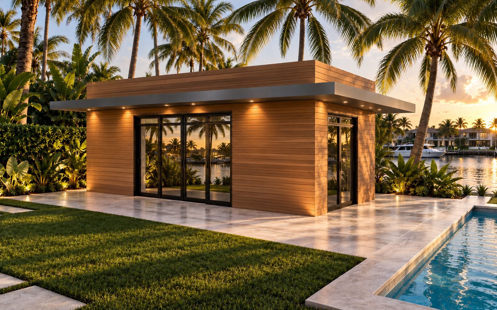 Komuna modular cabana at dusk beside a pool on the Miami waterfront